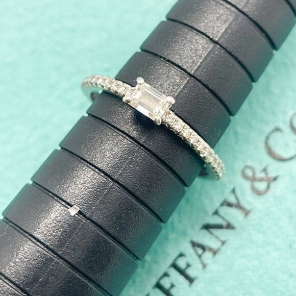 Tiffany & Co. Novo Horizon Platinum Emerald Cut & Round Diamond Ring Size 4.75 - Picture 7 of 14